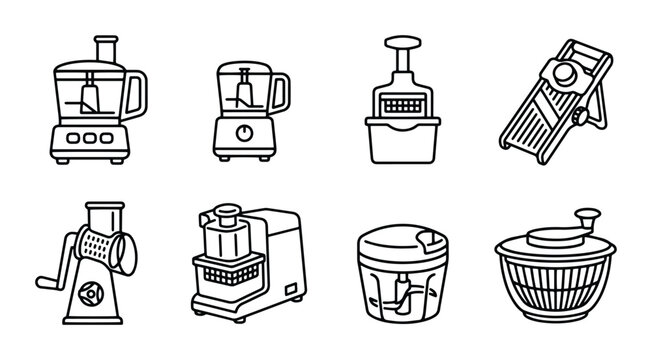 Food processor icons set with blender, grater, chopper and salad spinner for kitchen appliances
