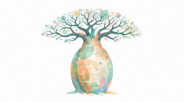 Stylized african baobab tree illustration isolated on transparent