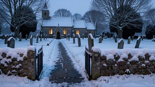 Snow-covered church and graveyard at dusk