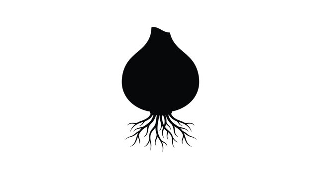 Black silhouette of a bulb with roots against a white background
