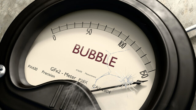 Bubble meter showing high levels of bubble. Dangerously increasing values of bubble, critical overload. Too much, off the charts. Max bubble ,3d illustration