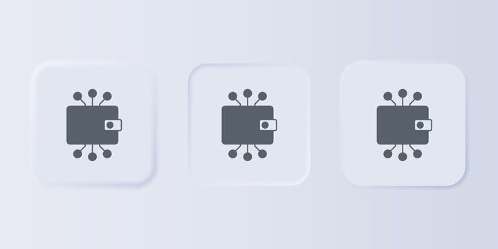 Grey Cryptocurrency wallet icon isolated on grey background. Wallet and bitcoin sign. Mining concept. Money, payment, cash, pay icon. Set icons in square buttons. Vector