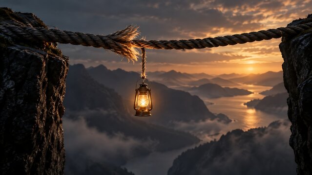 Cut rope strand supporting a glowing lantern above clouds symbolizing sacrifice