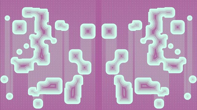 Symmetric abstract 2D animation of floating multilayer shapes. Mint and purple organic figures smoothly merge on a magenta lined background. Looping footage for motion design