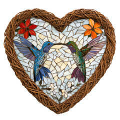 Fototapeta premium Heart shaped stained glass with hummingbirds and flowers