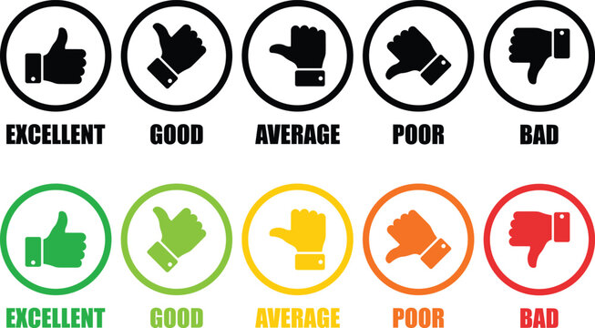 Rating thumb icon set with feedback levels from excellent to bad in green, yellow, and red circular badges for customer satisfaction and review concepts