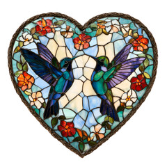 Fototapeta premium Heart shaped stained glass with hummingbirds and flowers
