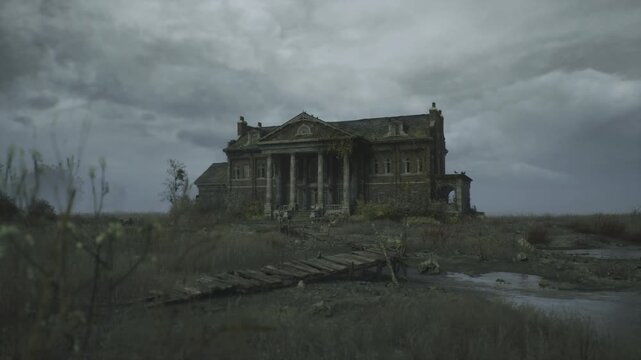 Crumbling neoclassical Lithuanian estate with broken portico and sagging roof, tall pilasters cast deep shadows, distant wet path leads through reed beds, quiet