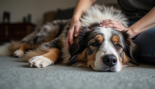 Australian shepherd dog lying on rug receiving gentle head petting from owner at home