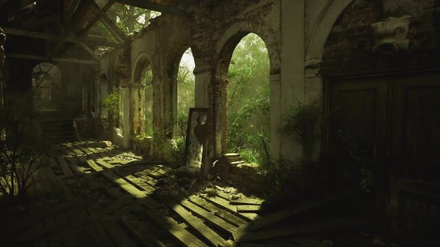 Sunlit abandoned cloister repurposed into makeshift studio with easel silhouette and ladder against column, paint marks on wood, dust motes and quiet creative