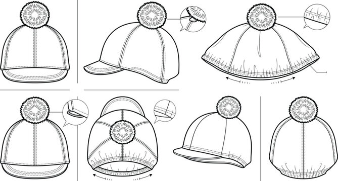 Winter beanie hat with visor and pompom technical line art flat sketch vector set