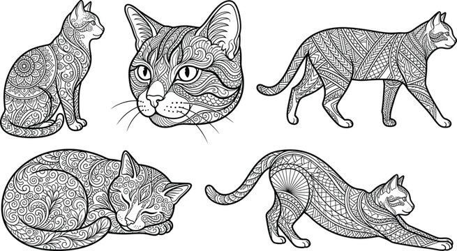 Ornate cat mandala zentangle vector set with detailed patterns for adult coloring book