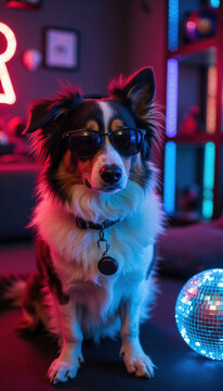 Cool dog wearing sunglasses sitting in party room with neon lights and disco ball