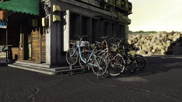Empty street stacked bicycles under awning, sunset silhouette and long shadows across lane, rusted chains and patina details, quiet urban alley with melancholic