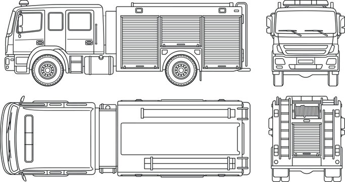 Fire truck engine front side back and top views technical line art sketch vector set