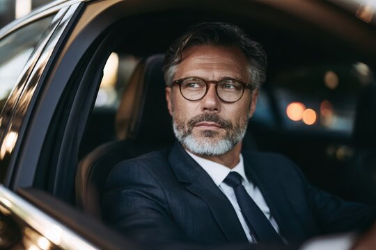 Stylish businessman with beard sits confidently inside a luxury car, representing success, wealth, executive travel, and modern professional lifestyle.