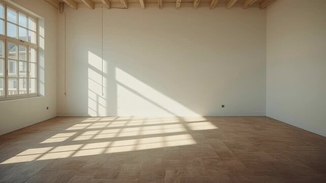 Empty Room Interior with Sunlight, Window, Natural Light and Wooden Floor