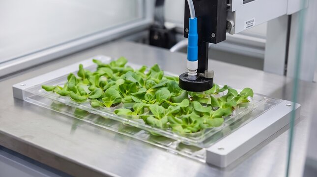 Robotic arm placing fresh lettuce in a greenhouse setting  