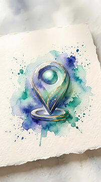 Artistic Watercolor Map Pin Icon with Teal Blue Purple Splashes and Gold Accents on Textured Paper