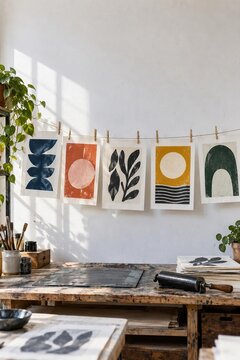 Hand printed abstract linocut art prints hanging on string with clothespins printmaking table, nobody