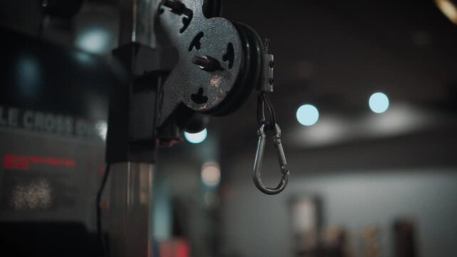Extreme close up video shot of a cable crossover machine pulley wheel and carabiner cliphanging inside a modern gym with soft bokeh lights in the background.   