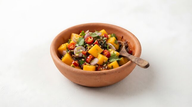 A clay bowl filled with javanese mango dishes featuring sliced chili peppers and red shallots on white surface