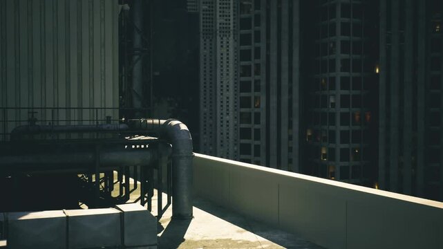Contrasting lines of railing, ducts and rooftop edge creating strong compositional flow, repeating patterns and industrial rhythm with urban highrise backdrop