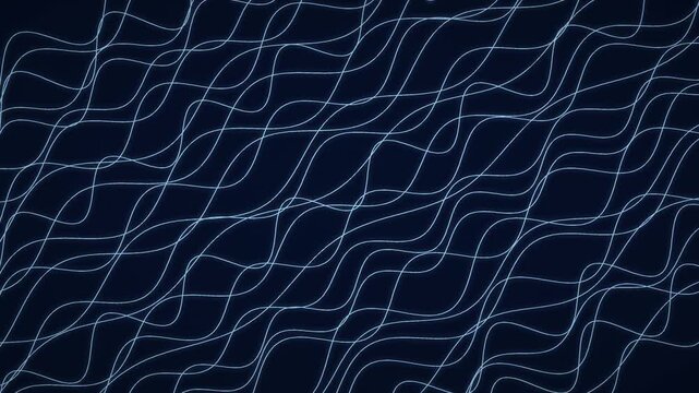 Glowing blue lines weave and undulate across a dark background in a looping animation animation abstract