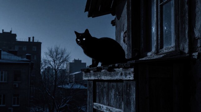 Black cat sits on old wooden ledge of building at twilight. Dark feline silhouette watches city from apartment window. Moody urban night scene with mysterious pet observing street from high exterior