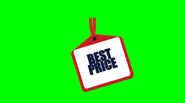 Animated red promotional price tag with best price typography, percentage symbol, swinging rope, subtle pendulum motion and shine effect isolated on chroma key green background.