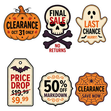 Set of six retro Halloween retail sale badges and discount labels featuring a pumpkin clearance, skull final sale, ghost last chance, price drop tag, fifty percent markdown, and spider web s