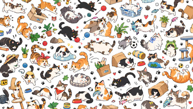 Funny Mischievous Cats Seamless Scattered Pattern with Playful Everyday Scenes