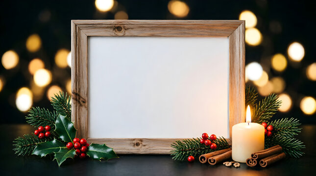 Wooden mockup frame surrounded by pine leaves and red berries serving winter holiday discount promos