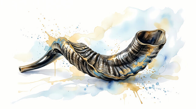 Artistic Watercolor Shofar Illustration with Blue and Gold Splashes for Rosh Hashanah and Yom Kippur