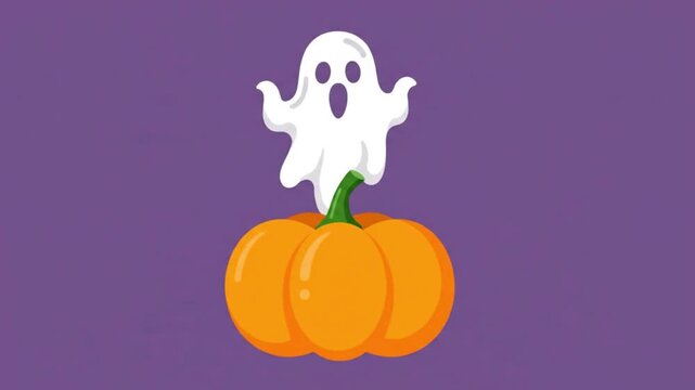 Ghost rises from an orange pumpkin in this minimalist vector illustration designed for Halloween celebrations on a solid purple background.