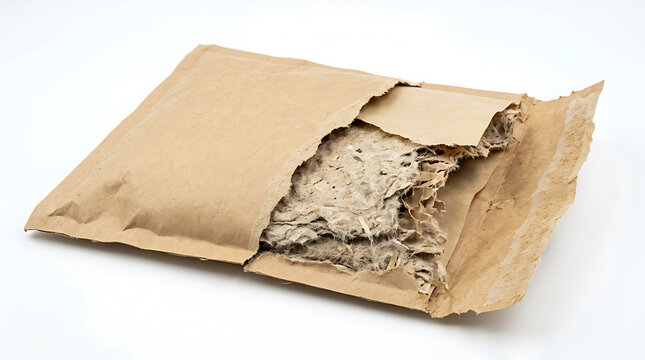 Torn open brown paper mailer envelope revealing shredded paper packing inside, isolated on a white background, for shipping and protection
