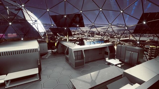control room overlooking lunar terrain with panoramic panels and data banks. starfield visible through geodesic mesh, ambient hum from instruments. researcher