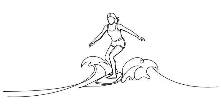 Continuous line drawing of woman surfing on waves with black ink minimalist style banner design for summer websites.