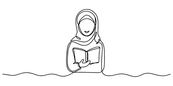 Woman wearing hijab holding open book drawn in continuous black line style represents education wisdom or religious study.