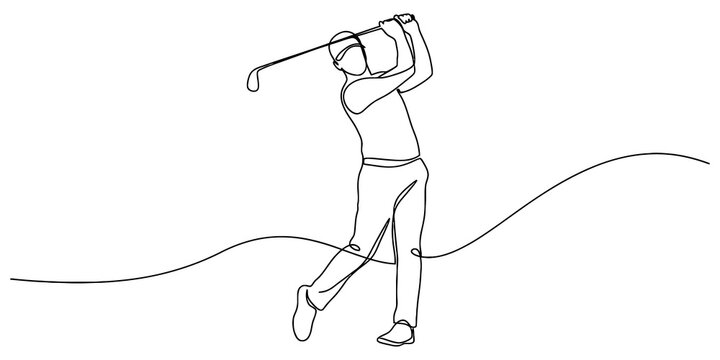 Professional golfer swinging club on golf course continuous line drawing for sports tournament and leisure hobby concept.