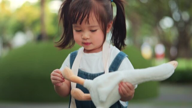 Cute Asian toddler girl carrying toy camera around her neck while playing with white goose stuffed animal outdoors, curious little child exploring plush toy, imaginative play