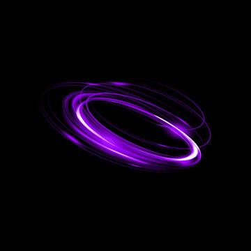 Dynamic purple light trails create an abstract swirling vortex effect against a stark black background