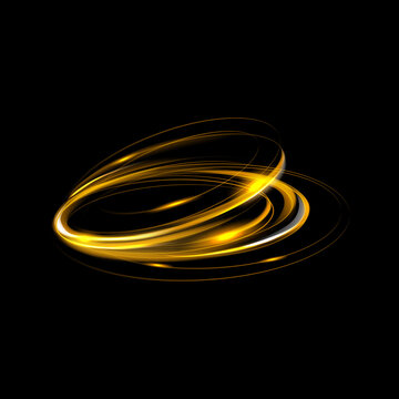 Dynamic golden light trails create an abstract swirling vortex against a stark black background evoking energy