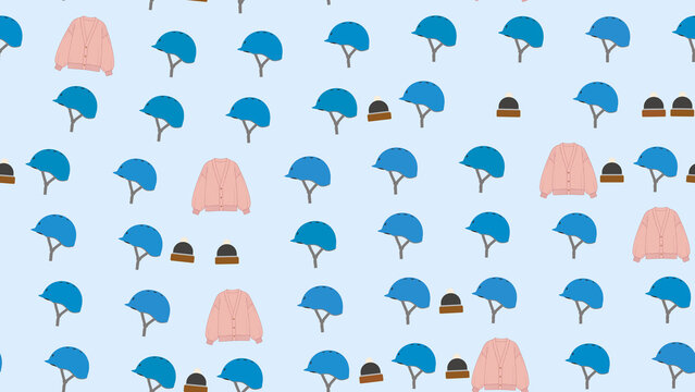 Pattern of blue helmets, pink cardigans, and beanies