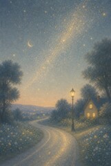 Fototapeta premium A beautiful, whimsical painting of a winding path leading toward a cozy cottage