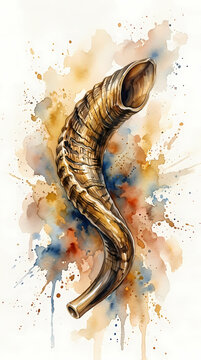 Artistic Watercolor Shofar Ram's Horn Illustration for Rosh Hashanah and Yom Kippur Jewish Holidays