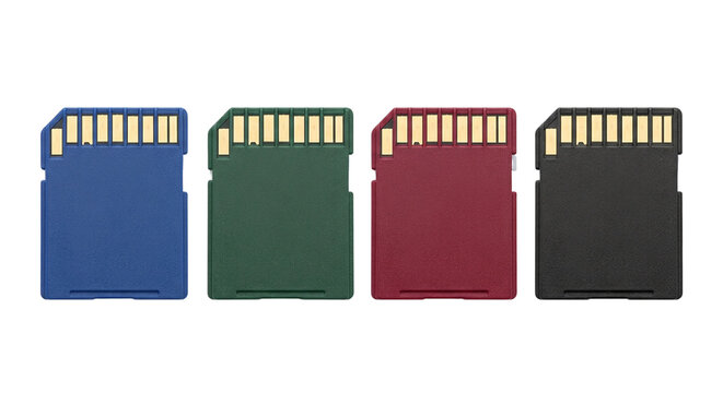 Four colorful sd memory cards showing gold contact pins