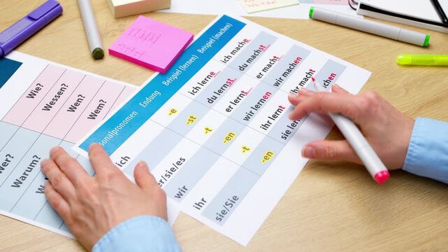 Hands point with a pen at printed German grammar tables and words on a wooden desk. A foreign language education and learning concept.