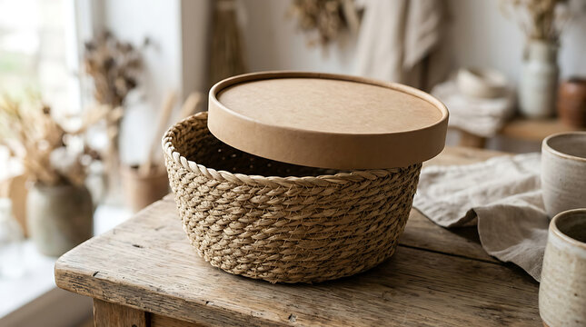 Woven seagrass basket with a cardboard lid resting on a textured wooden surface, with dried stems and pottery in the background