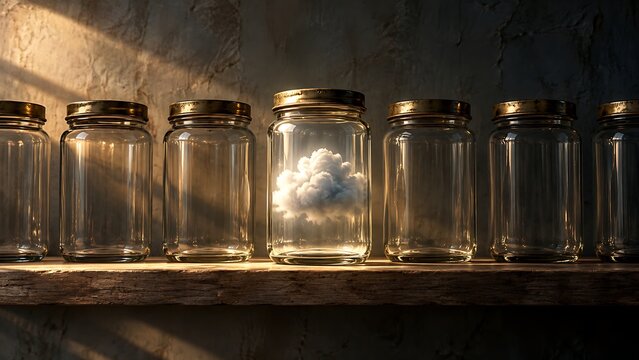 Glass jar holding a tiny cloud among empty jars symbolizing memory